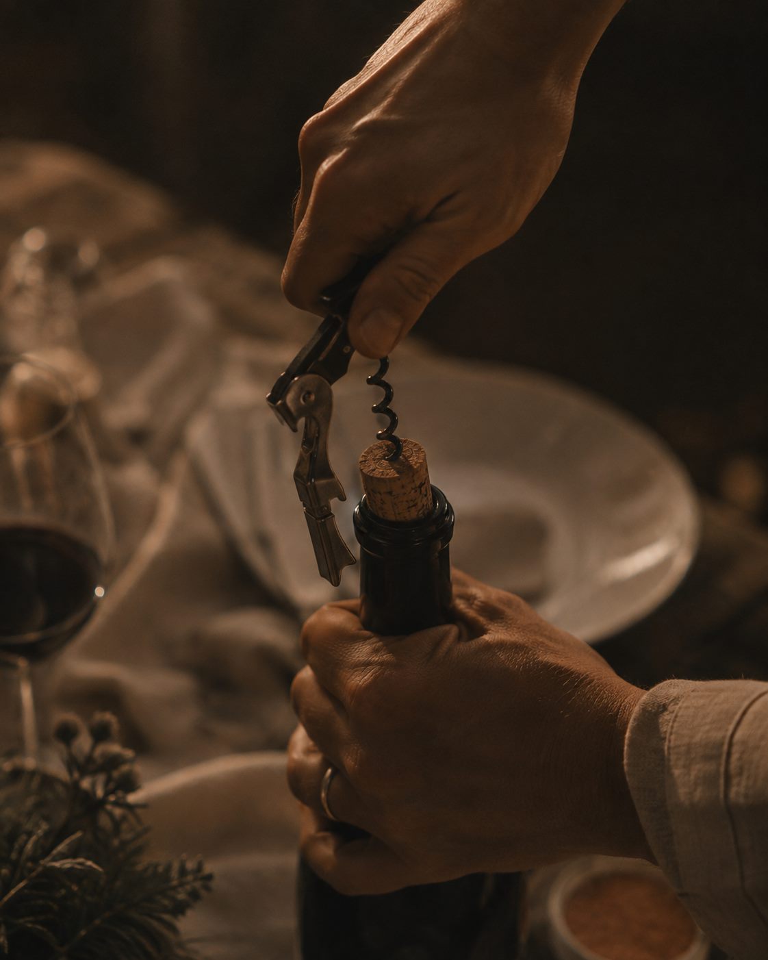 Mãos abrindo uma garrafa de vinho com saca-rolhas