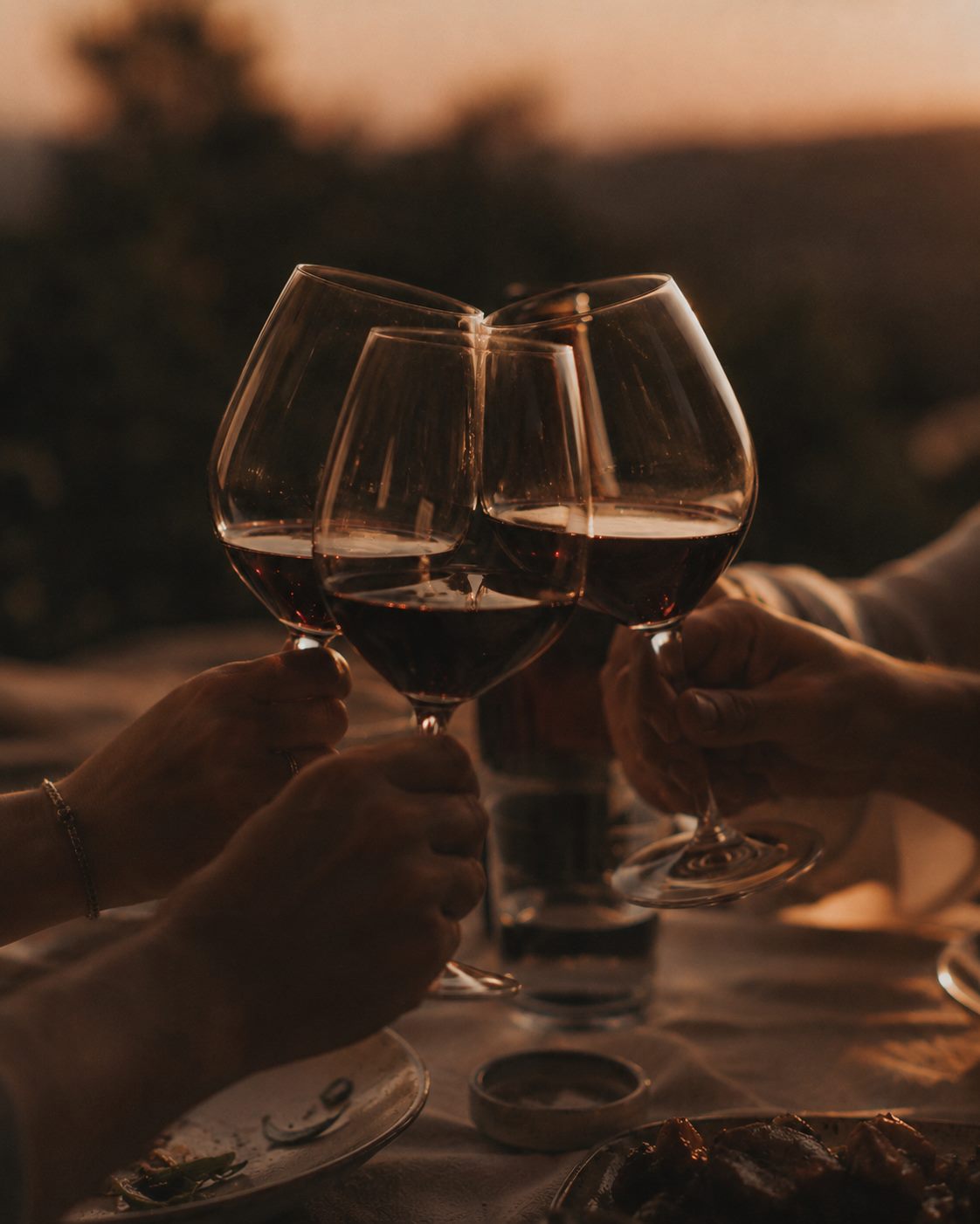 Brinde entre taças de vinho ao entardecer